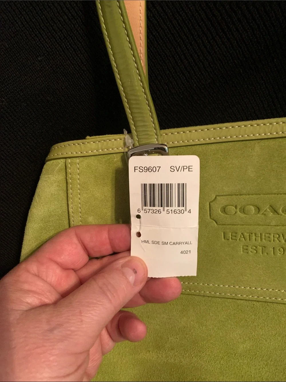 Coach Green Suede Tote with Beige Lined Handles